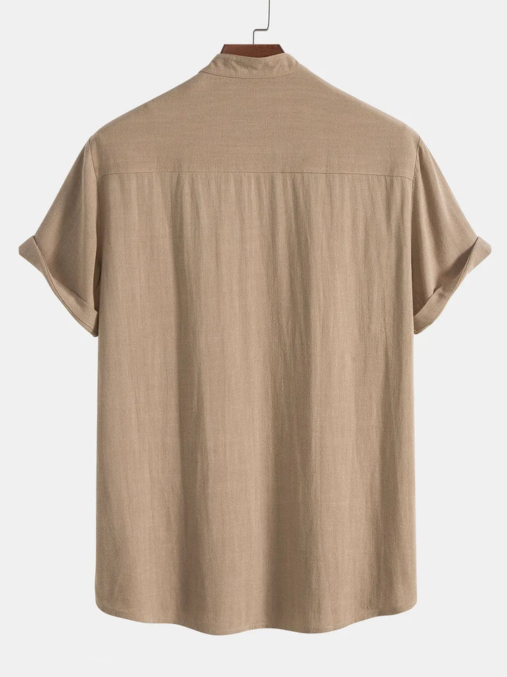 Beige Men's Linen Shirt & Trousers Co-Ord Set — Everett Band Collar Short Sleeve - Shirt Back