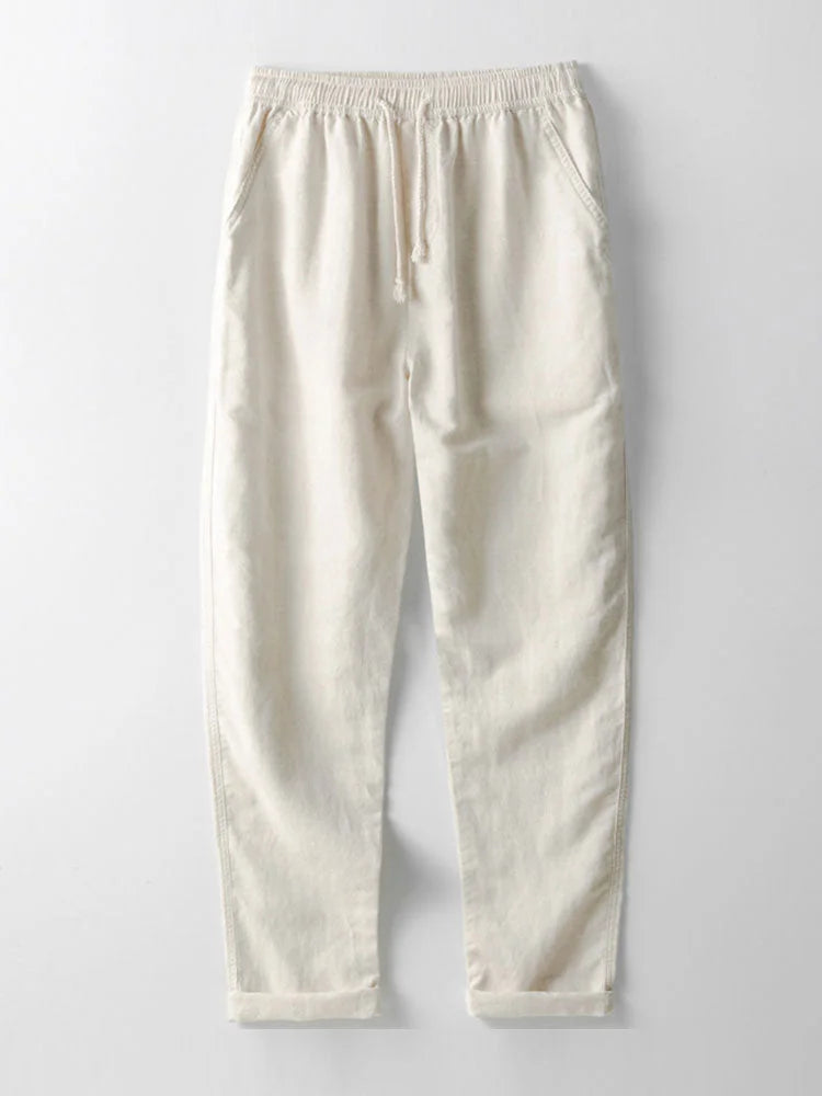 Beige Men's Linen Shirt & Trousers Co-Ord Set — Everett Band Collar Short Sleeve - Trousers Flat