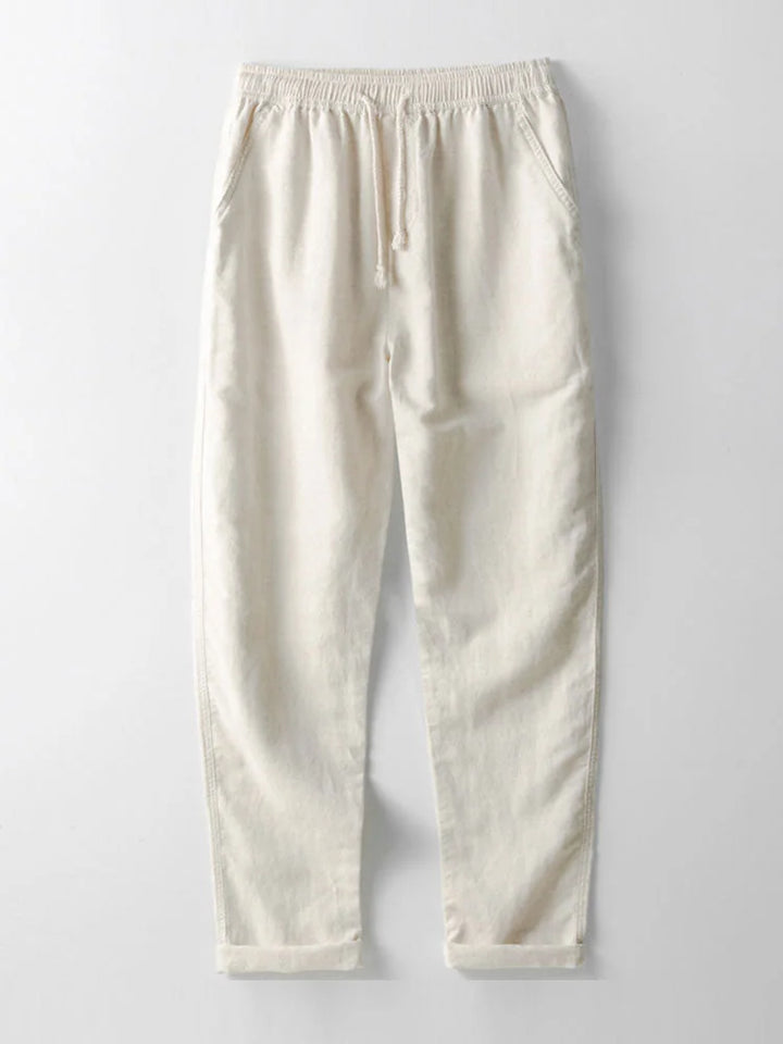 Beige Men's Linen Shirt & Trousers Co-Ord Set — Everett Band Collar Short Sleeve - Trousers Flat