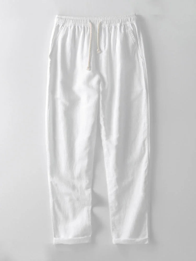 Beige Men's Linen Shirt & Trousers Co-Ord Set — Everett Band Collar Short Sleeve - Trousers Full