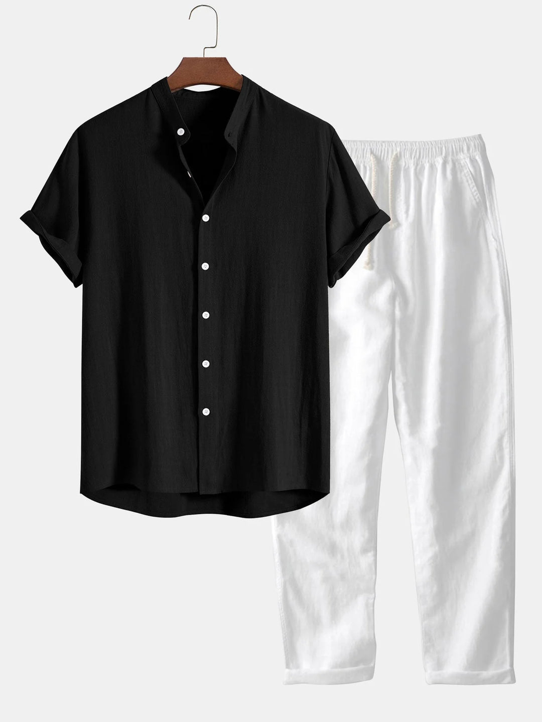 Black Men's Linen Shirt & Trousers Co-Ord Set — Everett Band Collar Short Sleeve - Front Pair