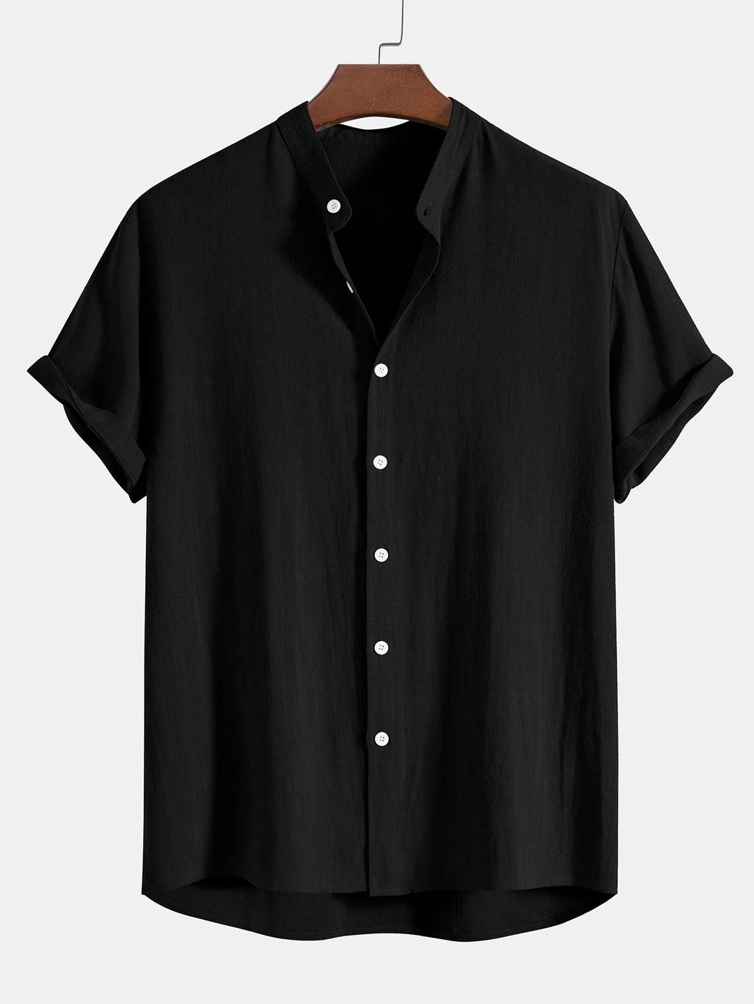 Black Men's Linen Shirt & Trousers Co-Ord Set — Everett Band Collar Short Sleeve - Shirt Front Detail