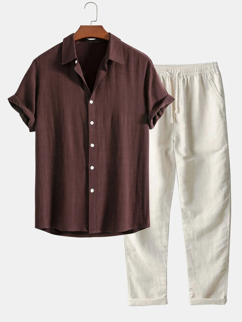 Brown Men's Linen Shirt & Trousers Co-Ord Set — Everett Band Collar Short Sleeve - Front Flat