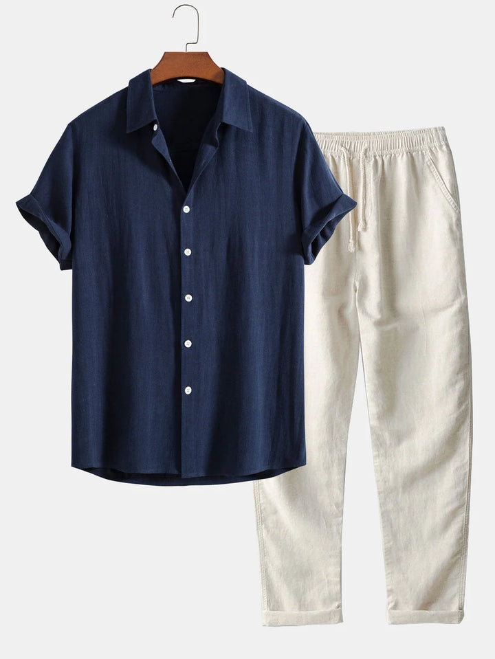 Navy Men's Linen Shirt & Trousers Co-Ord Set — Everett Band Collar Short Sleeve - Front Full