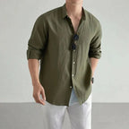 Army Green Men's Linen Button-Up Shirt — Charlotte Relaxed Long Sleeve Casual - Green Front Standing