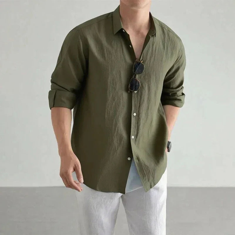 Army Green Men's Linen Button-Up Shirt — Charlotte Relaxed Long Sleeve Casual - Green Front Standing