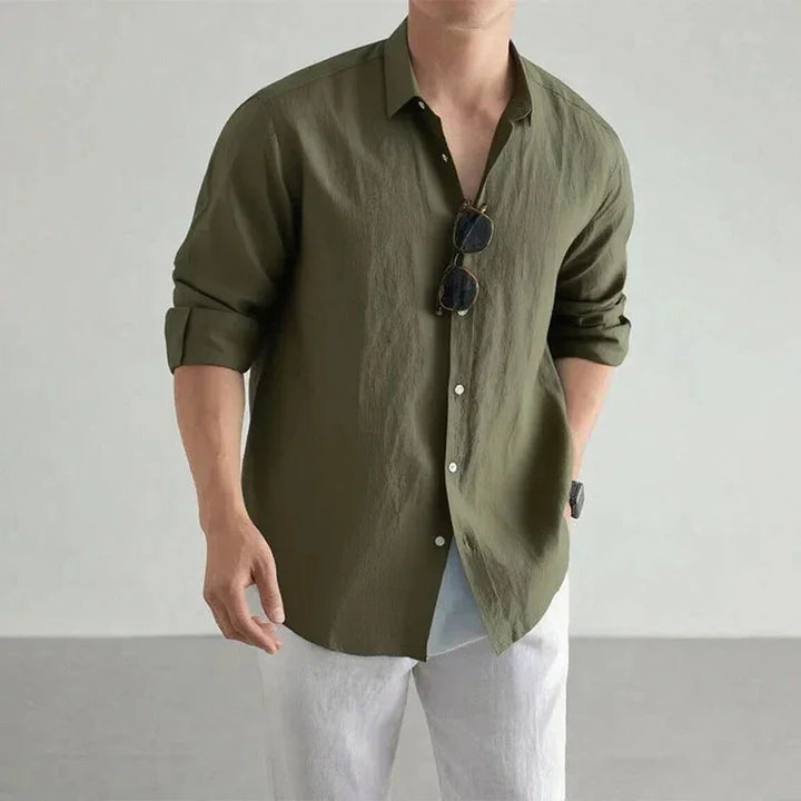 Army Men's Linen Button-Up Shirt — Charlotte Relaxed Long Sleeve Casual - Green Front Standing