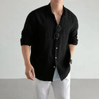 Black Men's Linen Button-Up Shirt — Charlotte Relaxed Long Sleeve Casual - Front Pose