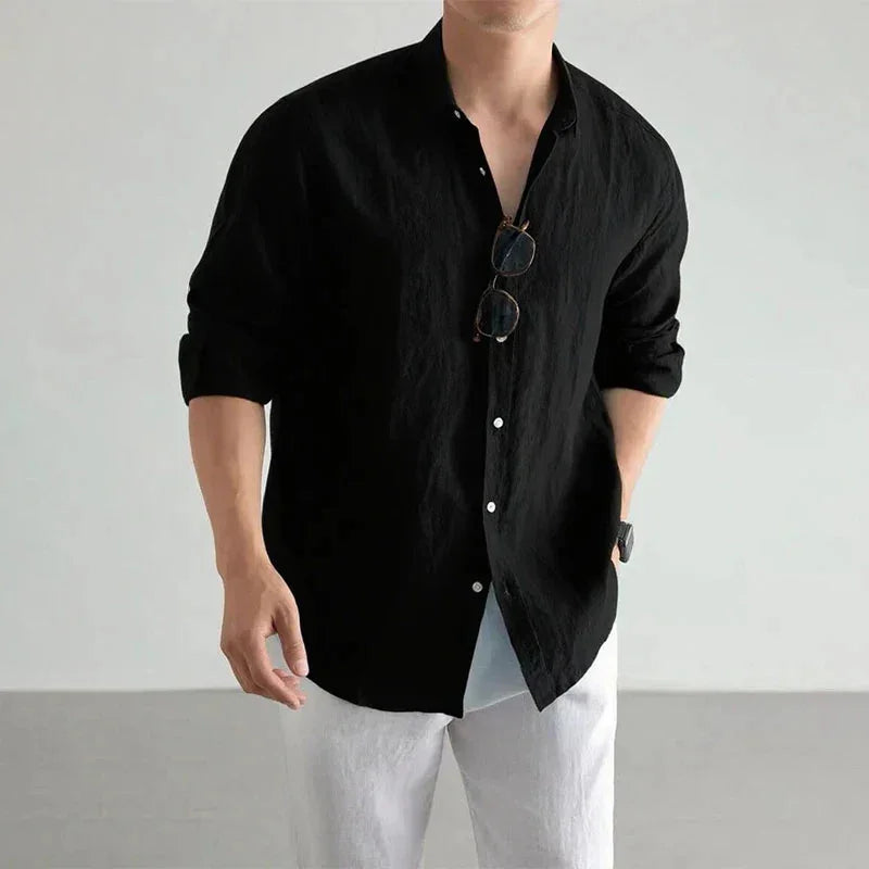 Black Men's Linen Button-Up Shirt — Charlotte Relaxed Long Sleeve Casual - Front Pose