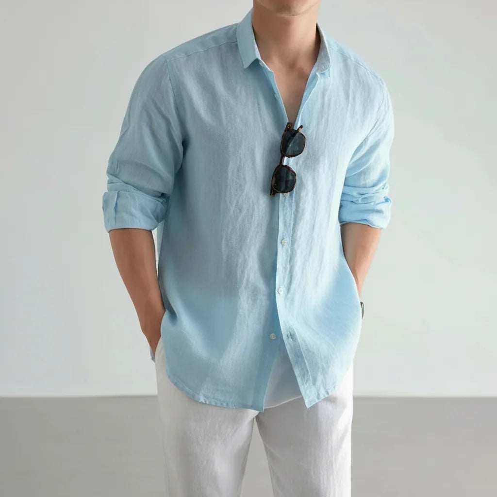 Dark Blue Men's Linen Button-Up Shirt — Charlotte Relaxed Long Sleeve Casual - Front Torso