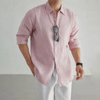 Pink Men's Linen Button-Up Shirt — Charlotte Relaxed Long Sleeve Casual - Front Close Up