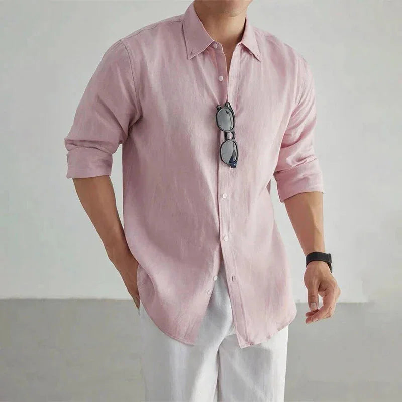 Pink Men's Linen Button-Up Shirt — Charlotte Relaxed Long Sleeve Casual - Front Close Up