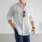 White Men's Linen Button-Up Shirt — Charlotte Relaxed Long Sleeve Casual - Front Styled
