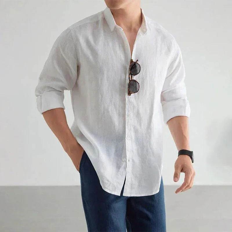 White Men's Linen Button-Up Shirt — Charlotte Relaxed Long Sleeve Casual - Front Styled