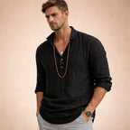 Black Men's Long Sleeve Linen Shirt — Nova Henley Popover Relaxed - Front Styled