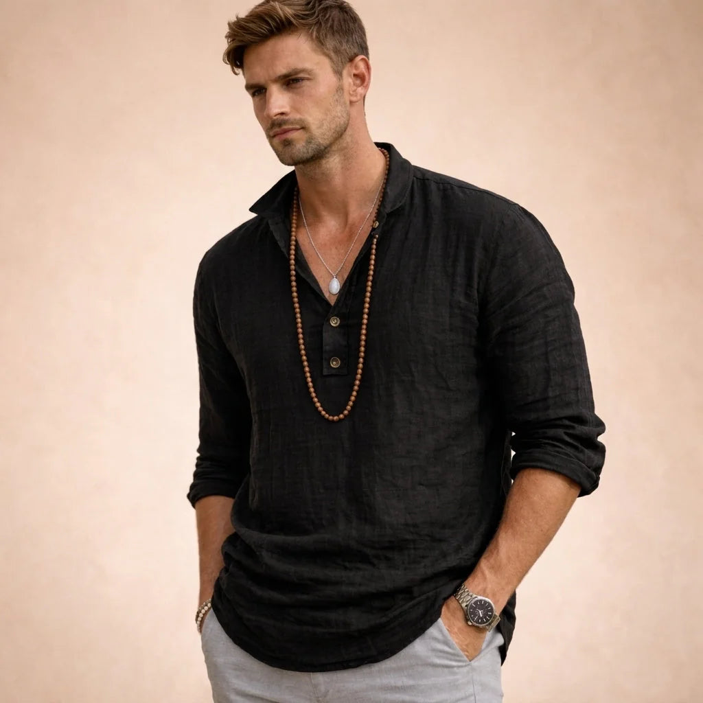 Black Men's Long Sleeve Linen Shirt — Nova Henley Popover Relaxed - Front Styled