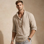 Cream Men's Long Sleeve Linen Shirt — Nova Henley Popover Relaxed - Front Pose