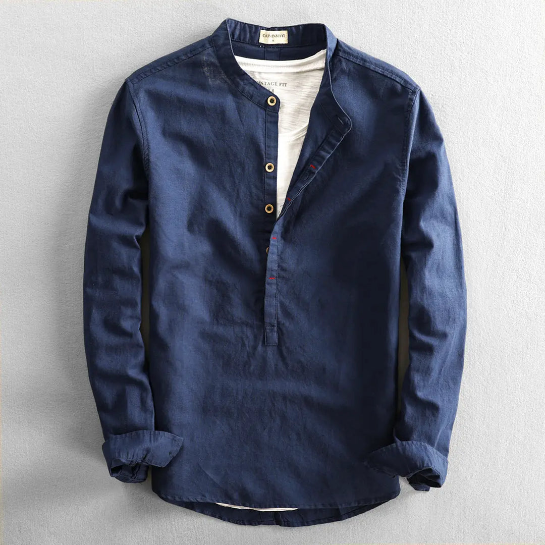 Dark Blue Men's Linen Henley Shirt — Erin Mandarin Collar Vintage Fit - Front Detail