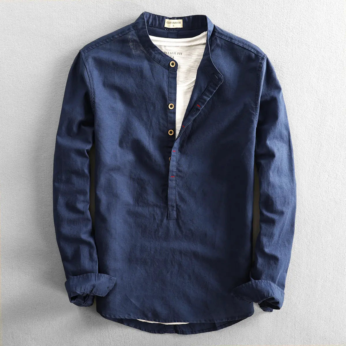 Dark Blue Blue Men's Linen Henley Shirt — Erin Mandarin Collar Vintage Fit - Front Detail
