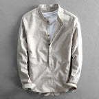 Grey Men's Linen Henley Shirt — Erin Mandarin Collar Vintage Fit - Front Placket Detail
