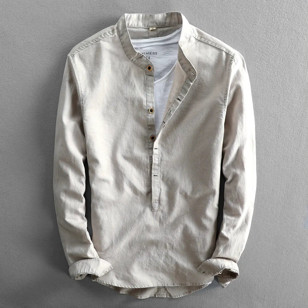 Grey Men's Linen Henley Shirt — Erin Mandarin Collar Vintage Fit - Front Placket Detail