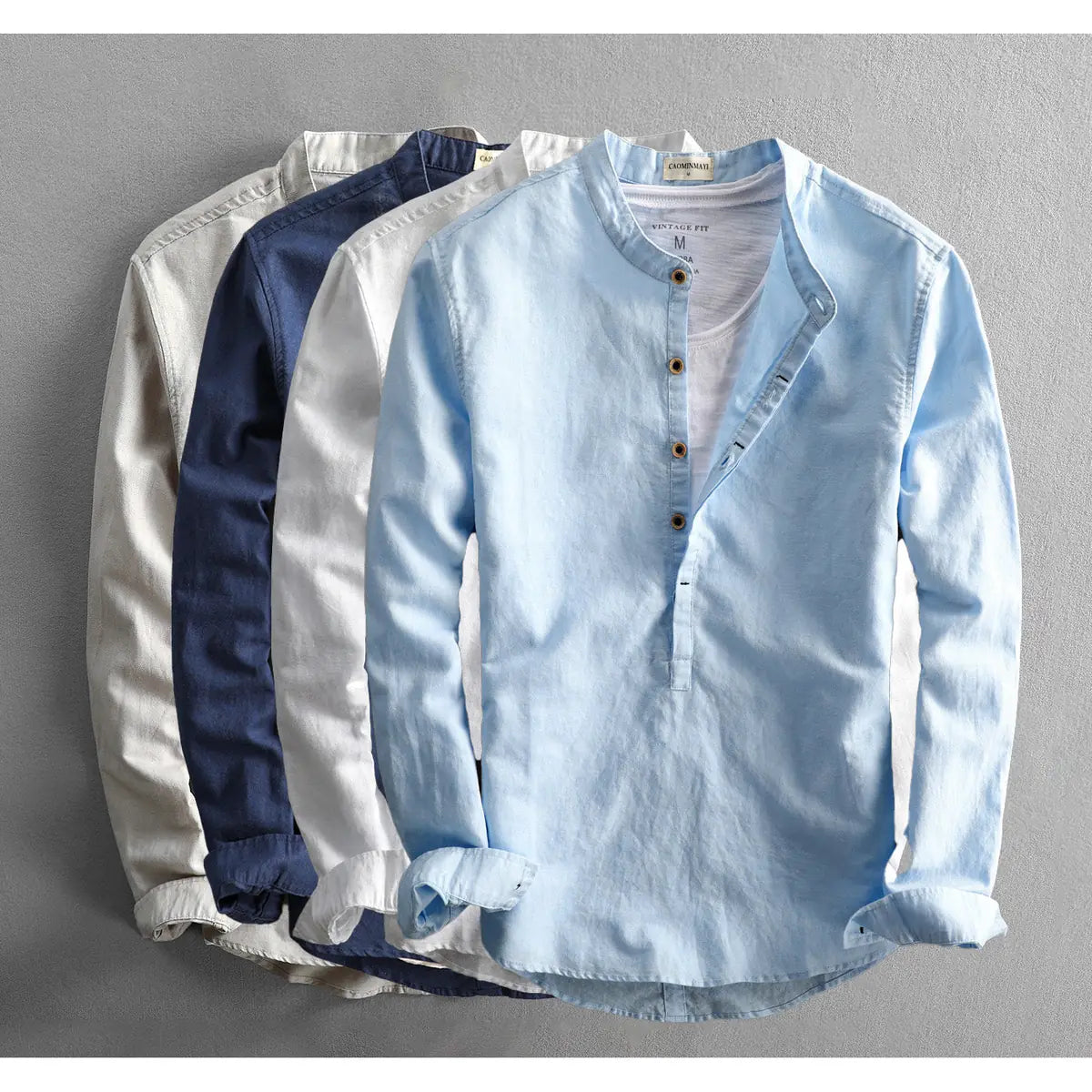 Light Blue Men's Linen Henley Shirt — Erin Mandarin Collar Vintage Fit - Color Lineup