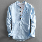 Light Blue Blue Men's Linen Henley Shirt — Erin Mandarin Collar Vintage Fit - Front Full