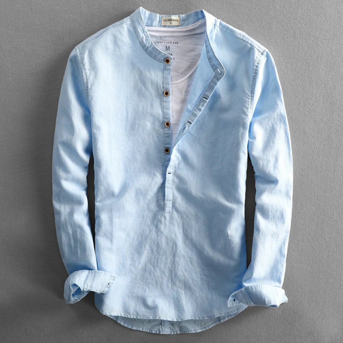 Light Blue Blue Men's Linen Henley Shirt — Erin Mandarin Collar Vintage Fit - Front Full