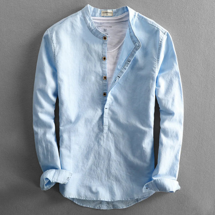Light Blue Blue Men's Linen Henley Shirt — Erin Mandarin Collar Vintage Fit - Front Full