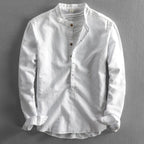 White Men's Linen Henley Shirt — Erin Mandarin Collar Vintage Fit - Front Flat Lay