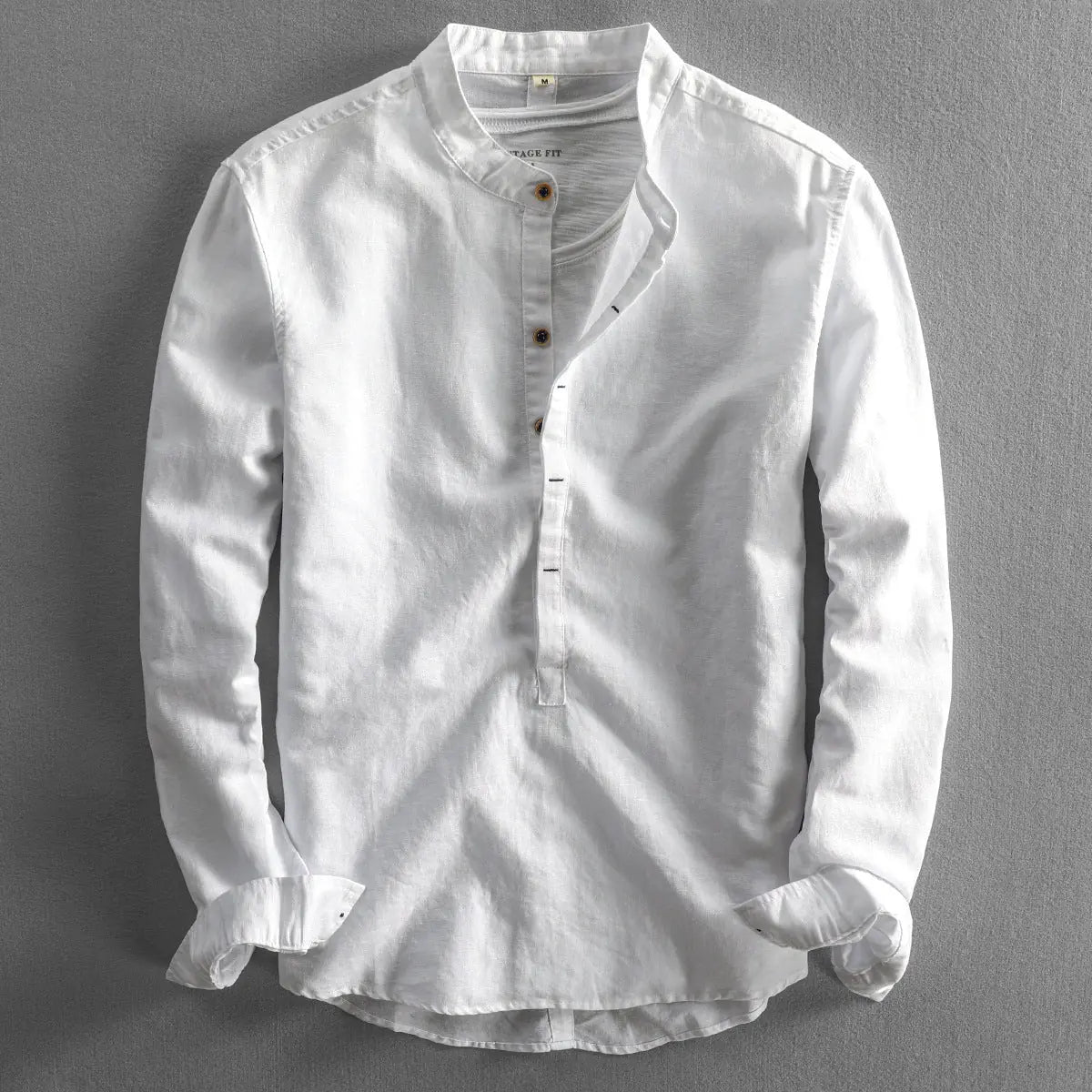 White Men's Linen Henley Shirt — Erin Mandarin Collar Vintage Fit - Front Flat Lay