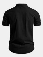 Black Men's Short Sleeve Slim Fit Linen Shirt with Mandarin Collar & Button-Front — Louis - Back View