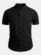 Black Men's Short Sleeve Slim Fit Linen Shirt with Mandarin Collar & Button-Front