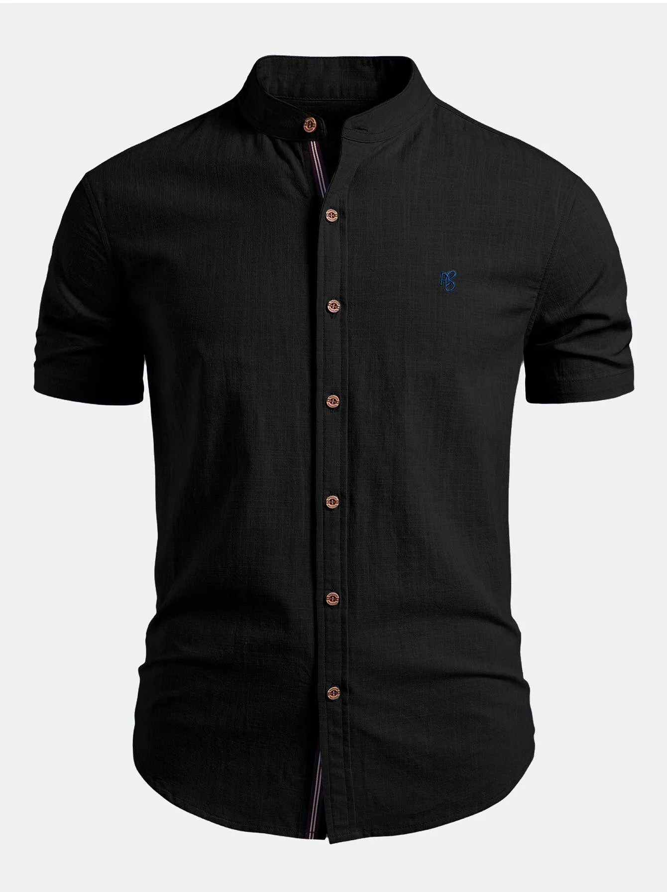 Black Men's Short Sleeve Slim Fit Linen Shirt with Mandarin Collar & Button-Front