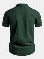 Dark Green Men's Short Sleeve Slim Fit Linen Shirt with Mandarin Collar & Button-Front — Louis - Back Plain
