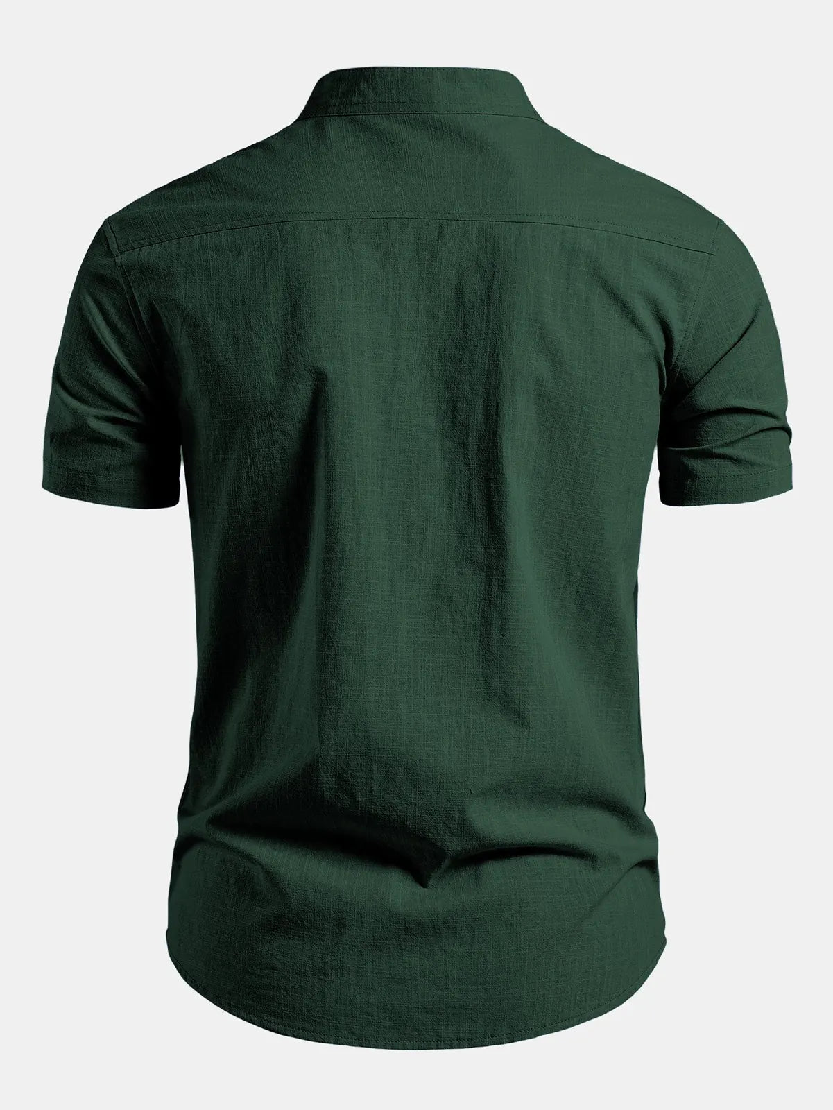 Dark Green Men's Short Sleeve Slim Fit Linen Shirt with Mandarin Collar & Button-Front — Louis - Back Plain