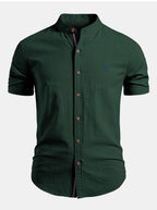Dark Green Men's Short Sleeve Slim Fit Linen Shirt with Mandarin Collar & Button-Front — Louis - Front Buttoned