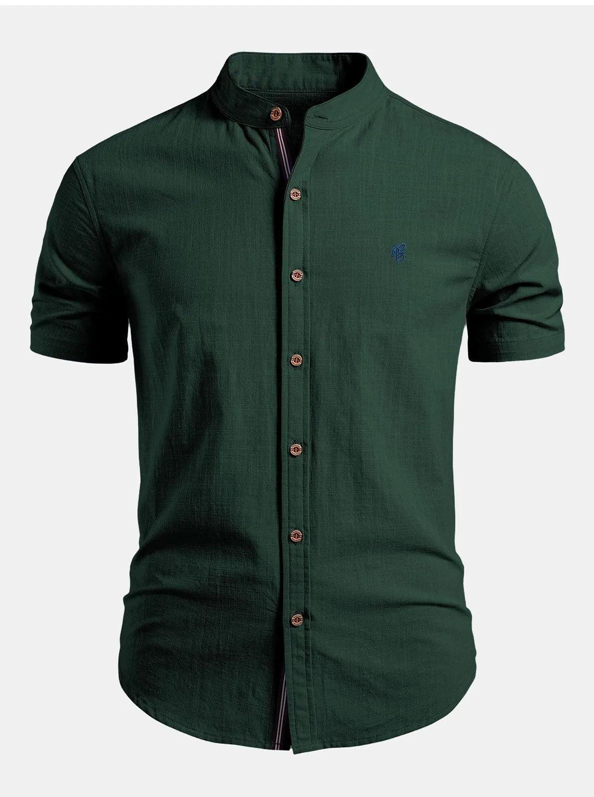 Dark Green Men's Short Sleeve Slim Fit Linen Shirt with Mandarin Collar & Button-Front — Louis - Front Buttoned