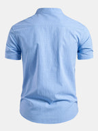 Light Blue Men's Short Sleeve Slim Fit Linen Shirt with Mandarin Collar & Button-Front — Louis - Back Full