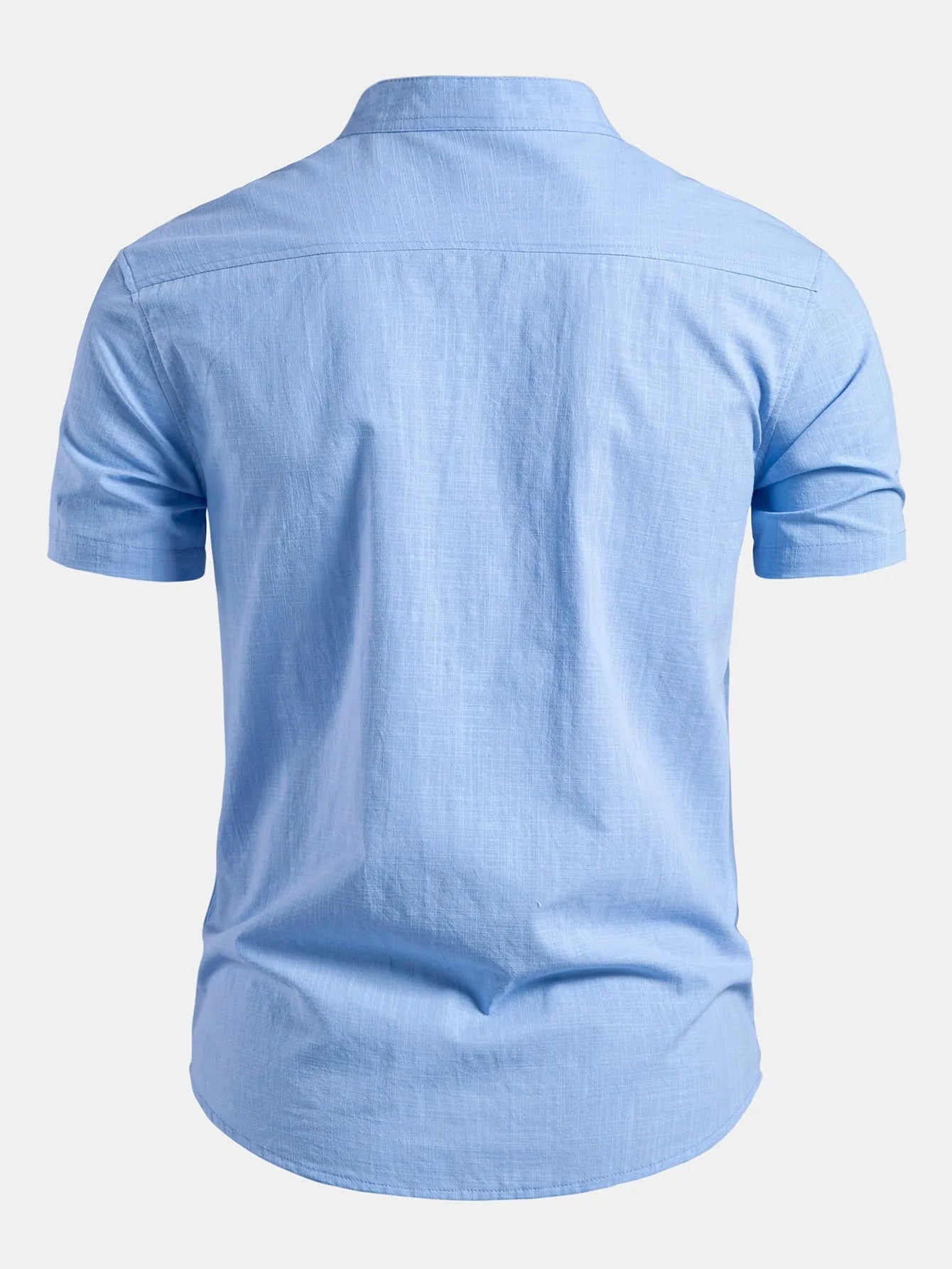 Light Blue Men's Short Sleeve Slim Fit Linen Shirt with Mandarin Collar & Button-Front — Louis - Back Full