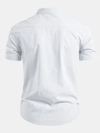 White Men's Short Sleeve Slim Fit Linen Shirt with Mandarin Collar & Button-Front — Louis - Back Studio