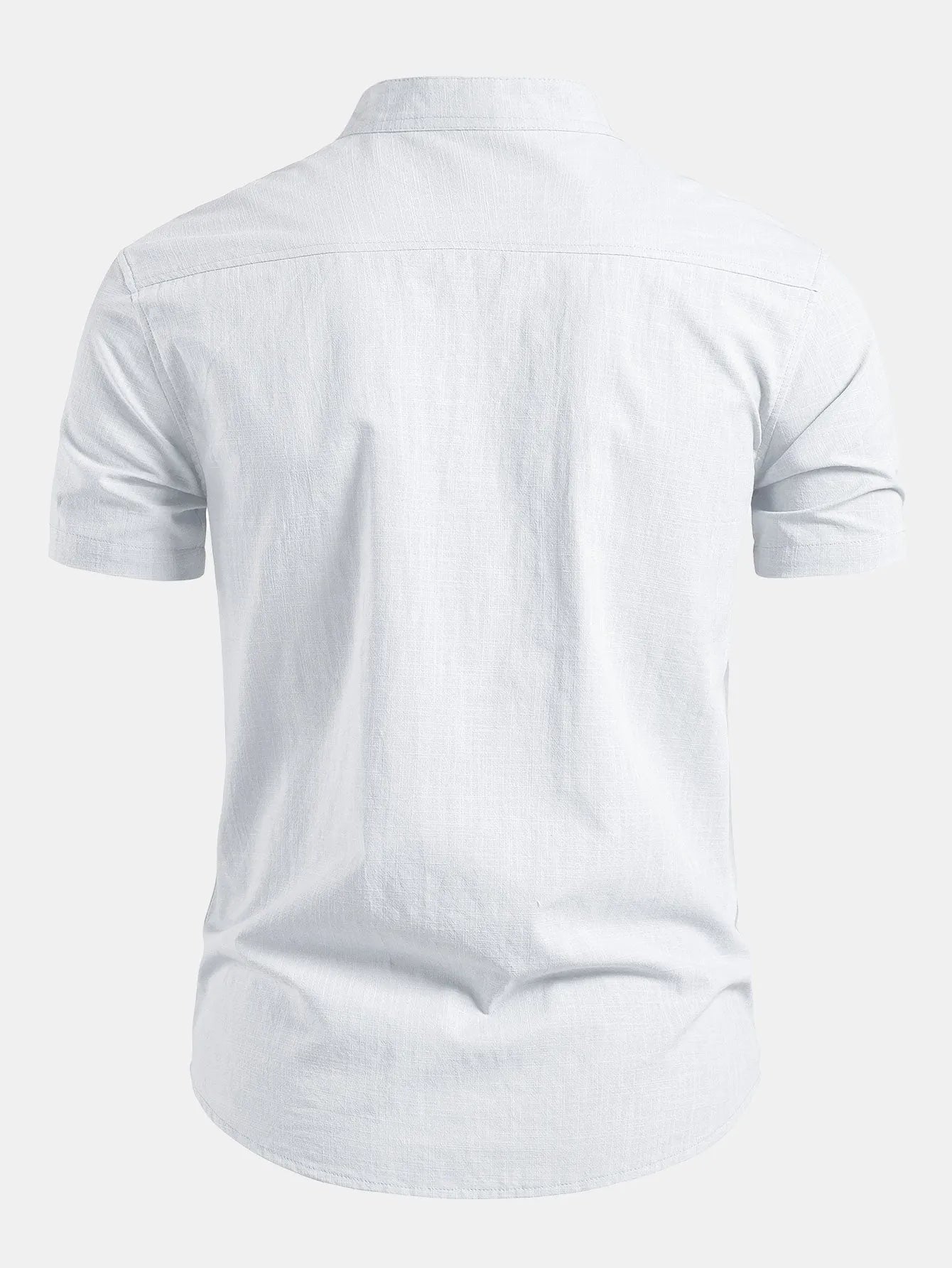 White Men's Short Sleeve Slim Fit Linen Shirt with Mandarin Collar & Button-Front — Louis - Back Studio