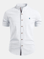 White Men's Short Sleeve Slim Fit Linen Shirt with Mandarin Collar & Button-Front — Louis - Front Studio