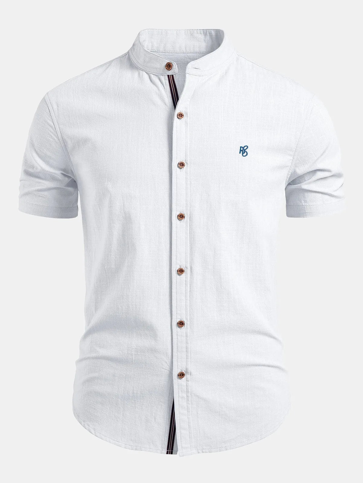 White Men's Short Sleeve Slim Fit Linen Shirt with Mandarin Collar & Button-Front — Louis - Front Studio