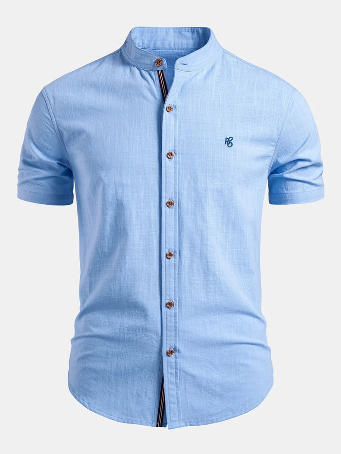 White Men's Short Sleeve Slim Fit Linen Shirt with Mandarin Collar & Button-Front — Louis