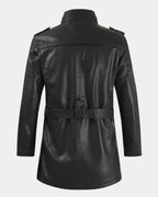 Men's Long Biker Jacket with Stand Collar & Belted Cuffs - Back Full