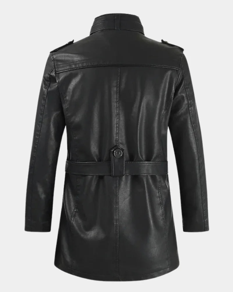 Men's Long Biker Jacket with Stand Collar & Belted Cuffs - Back Full