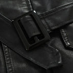 Men's Long Biker Jacket with Stand Collar & Belted Cuffs - Close Up Buckle
