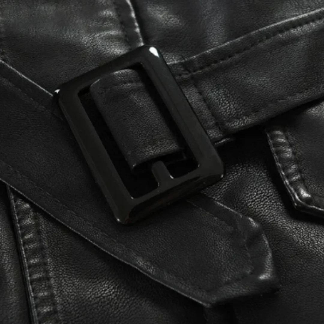 Men's Long Biker Jacket with Stand Collar & Belted Cuffs - Close Up Buckle