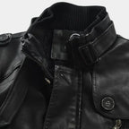 Men's Long Biker Jacket with Stand Collar & Belted Cuffs - Close Up Collar